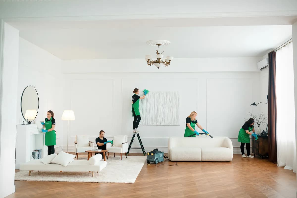 Бригада Fast Clean из пяти человек убирает гостиную: моют стены, мебель и пол