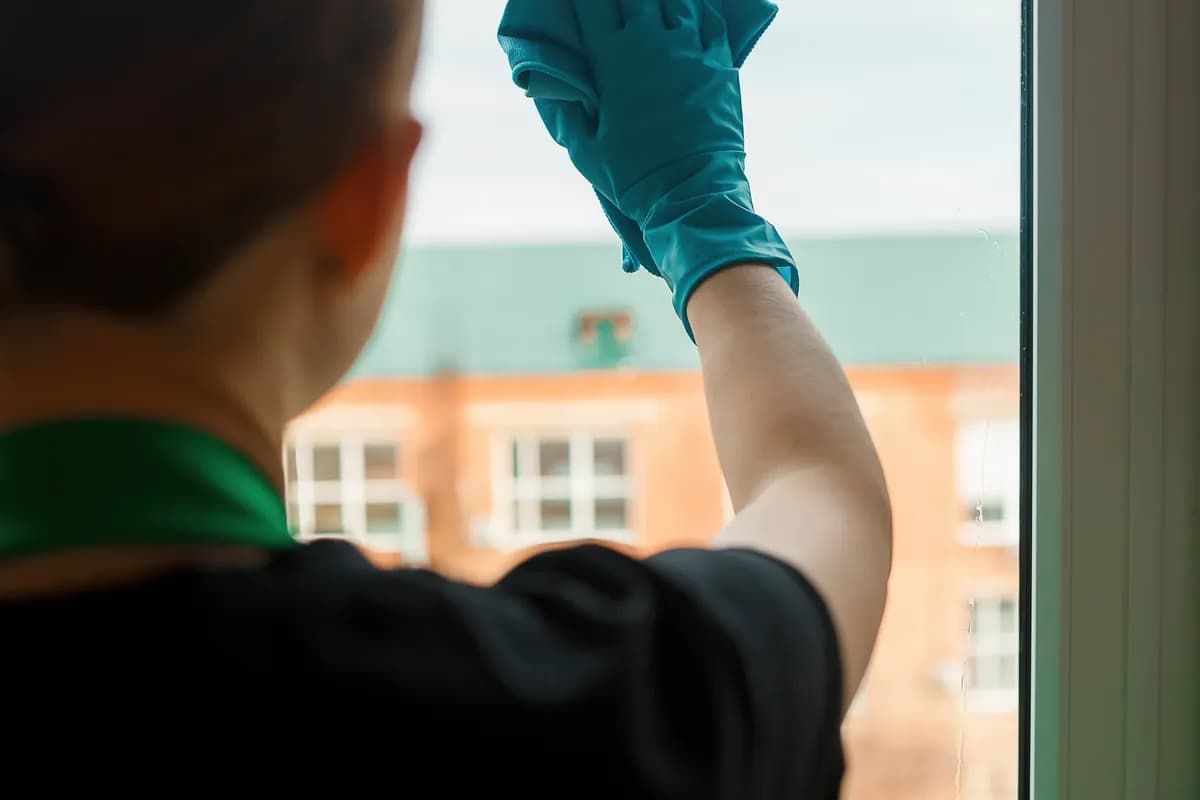 Клинер Fast Clean протирает стекло окна, за окном — город