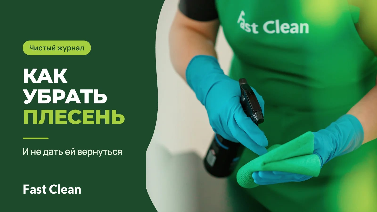 Руки в синих перчатках и зелёном фартуке Fast Clean держат распылитель и салфетку, рядом надпись «Чистый журнал. Как убрать плесень» и подпись «И не дать ей вернуться»