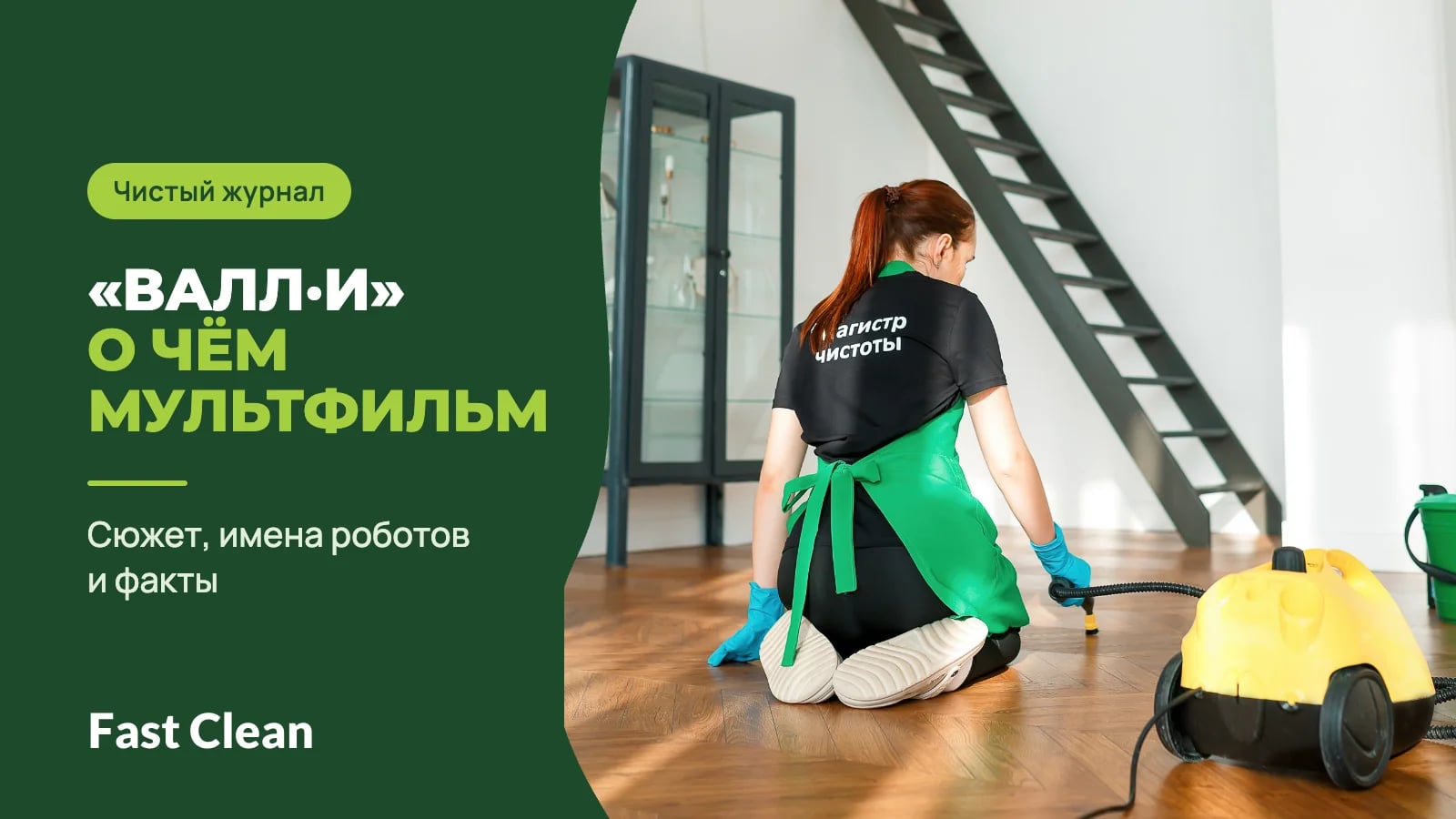 Сотрудница в зелёном фартуке и перчатках стоит на коленях на паркете в светлой комнате рядом с жёлтым пароочистителем, слева надпись «Чистый журнал. ВАЛЛ·И — о чём мультфильм» и подпись «Сюжет, имена роботов и факты»
