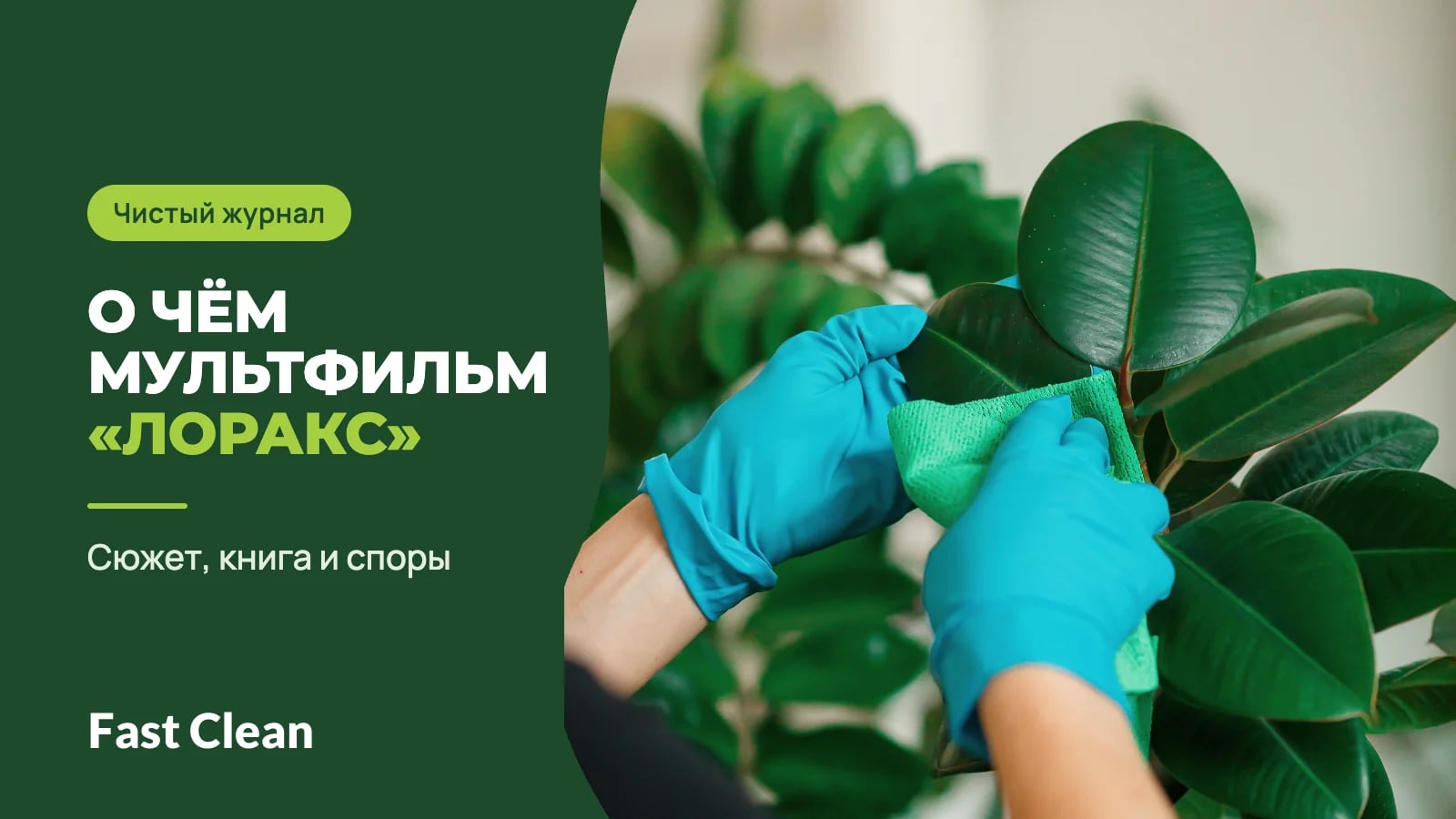 Руки в синих перчатках протирают зелёной салфеткой крупный лист фикуса, рядом надпись «Чистый журнал. О чём мультфильм „Лоракс“» и подпись «Сюжет, книга и споры»